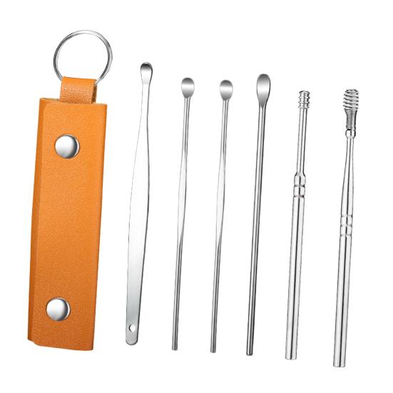 6-Piece Stainless Steel Ear Pick Set Spiral Ear Cleaner Tools with Faux Leather Case Home Ear Care Kit for Home Travel