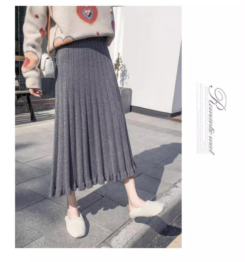 High-Waisted Long Knit Midi Skirt with Inner Layer - Winter & Autumn Style