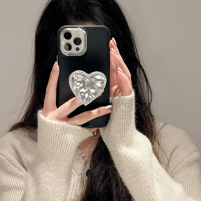Shiny Rhinestone Heart Stand Phone Case for Apple 17, 16Promax, 15Pro, 11