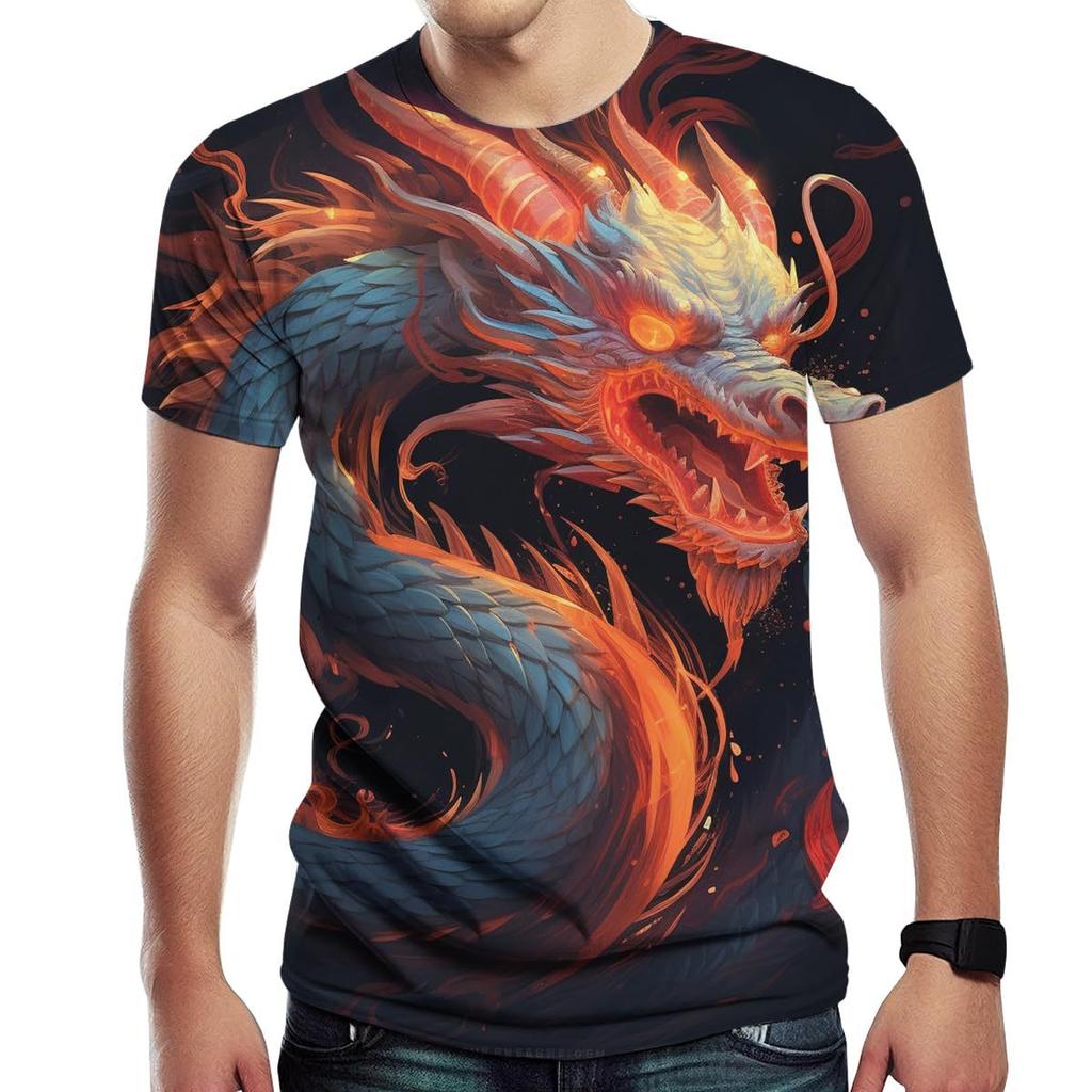 Summer Round Neck 3D Dragon Pattern Print Top Fashionable Casual Short Sleeved Men's T-shirts
