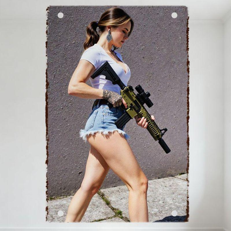 

Vintage Military - Style Woman with High Ponytail Metal Tin Sign, Home Decor, Bar, Club, Man Cave, Cafe, Restaurant Decoration 20x30cm（7.8x11.8inch）
