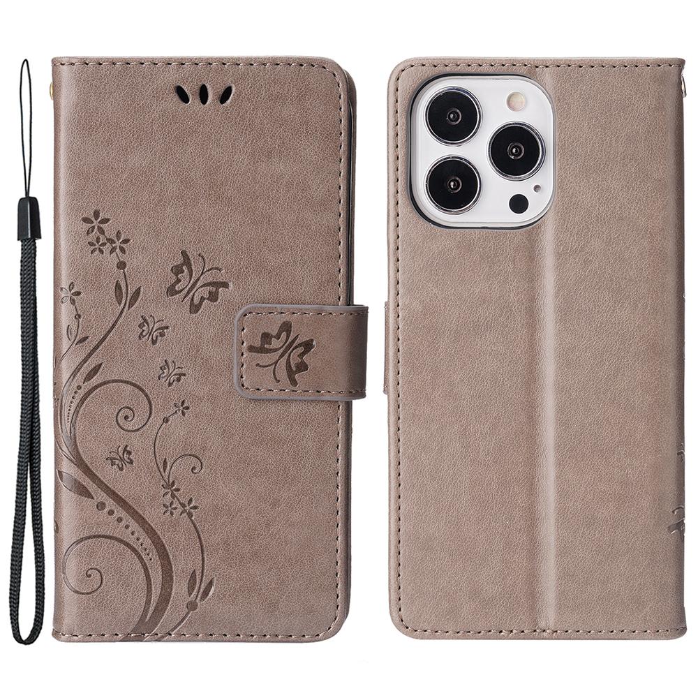 

For iPhone 15 Pro Phone Protector Shell Imprinted Butterflies PU Leather Wallet Stand Cover with Strap Grey