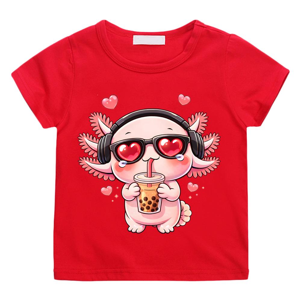 Bubble Tea Love Axolotl T Shirt Kawaii Axolotl Drinking Boba Chibi Anime Design Tee Cotton Boys/girls Cartoon Print Cute Manga Tee-shirt