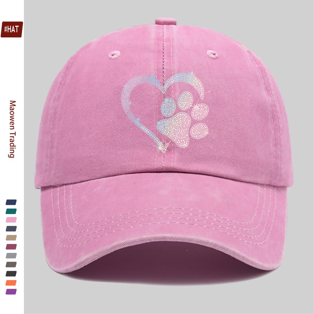 pc Gradient Hot Drilled Heart Dog Paw Print Baseball Cap Casual Design Decorative Hat Comfortable Lightweight Headwear Adjus