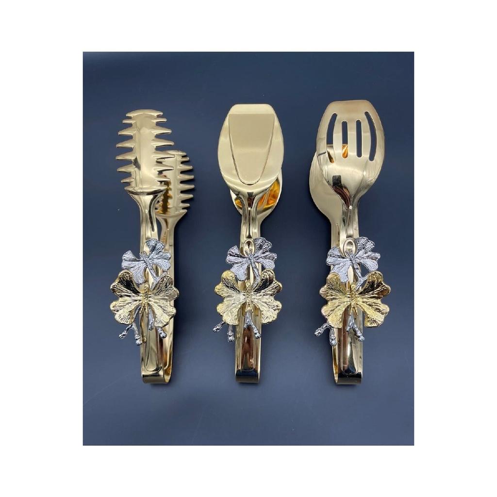 Kelebekli Gold Stylish Service Presentation Set Titanium Coated 3-piece Tongs Set Stainless Steel