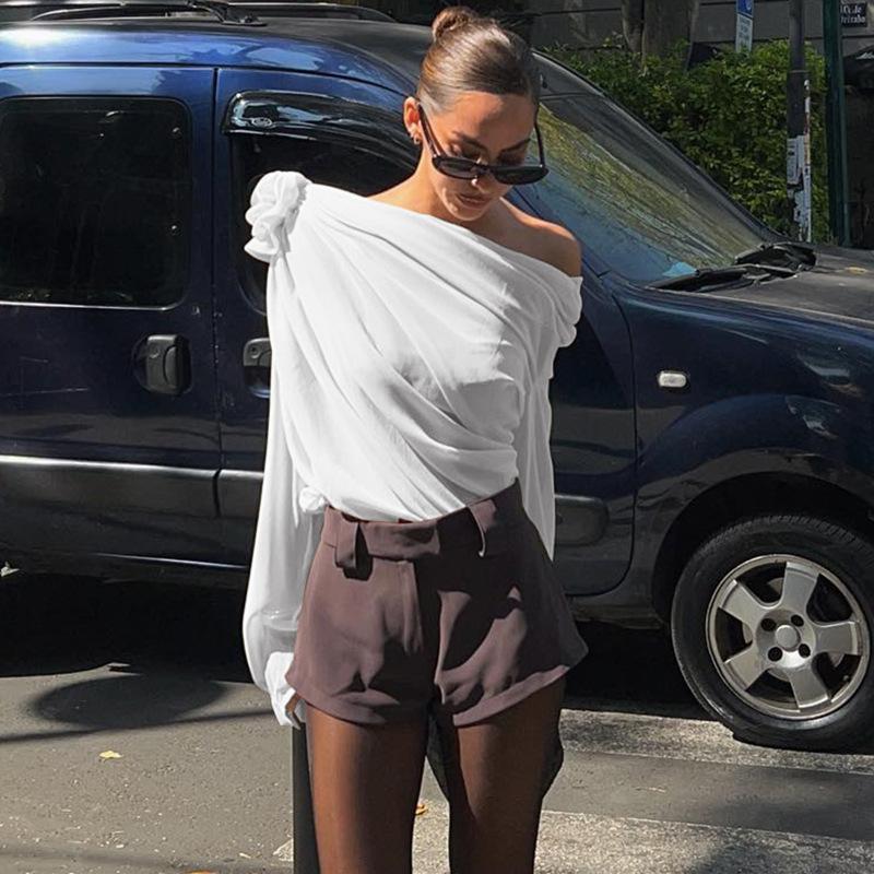 Nowe Bluzki Crop Top z Siateczki i Szyfonu z Aplikacjami Kwiatowymi z Odkrytymi Ramionami i Asymetrycznym Dekoltem Marszczone Jesień Eleganckie Długi Rękaw Prześwitujące