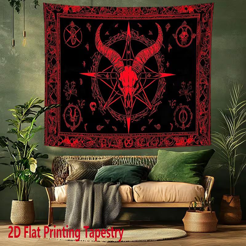 Arazzo 2D Testa di Capra Satanica Oscura Pentagramma Rosso Simboli Occulti Stregoneria Decorazione da Parete