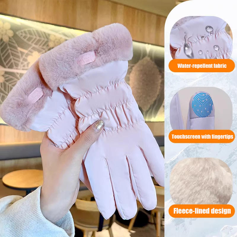 Ski Gloves Women Winter Fleece Thickened Warm Plush Cotton Waterproof Touch-Screen Gloves For Outdoor Riding Mountaineering