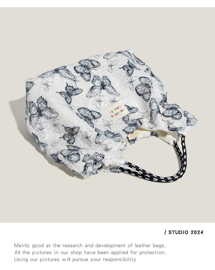 Geantă de pânză elegantă cu fluture din dantelă Mao Yun - Geantă de mână mare pentru femei Primăvară/Vară