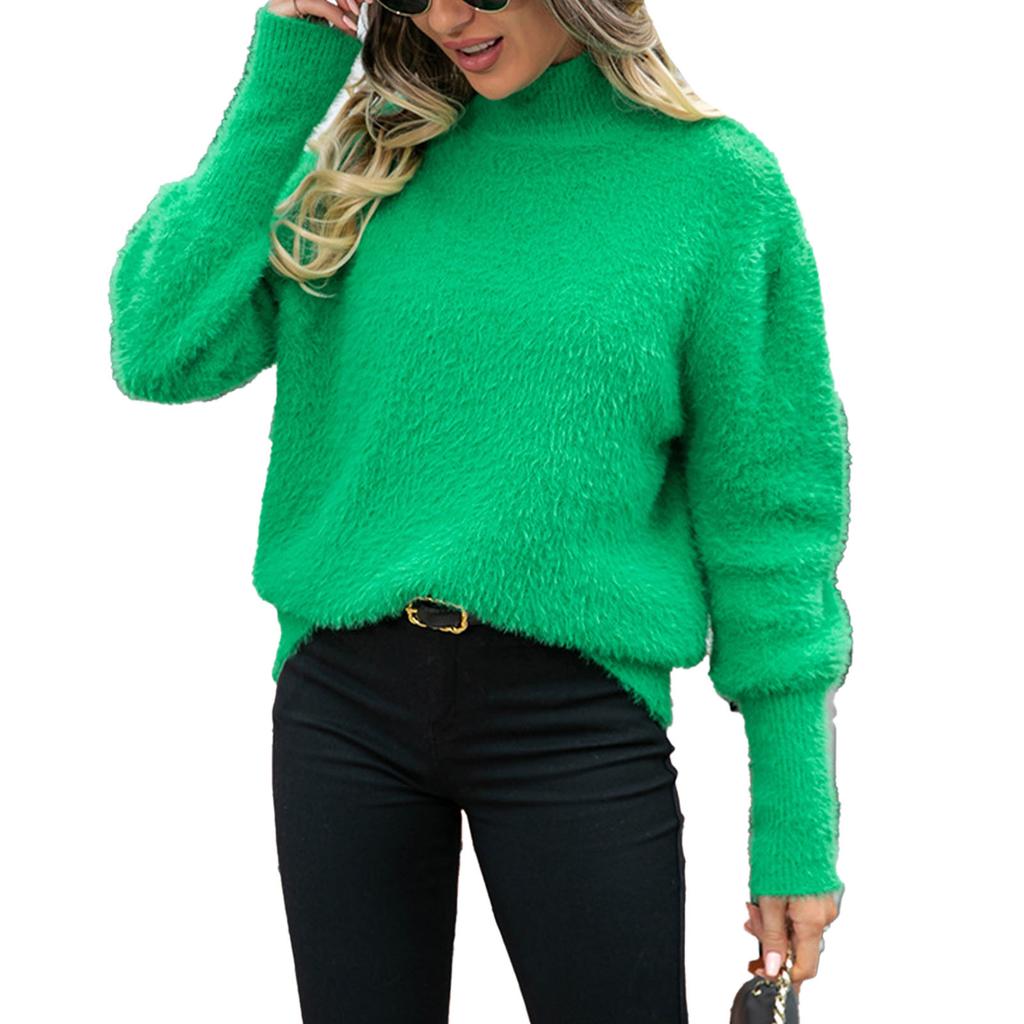 Damen Pullover mit Stehkragen, langen Ärmeln, reine Farbe, flauschig, lockere Passform, Strickpullover, Strickwaren, Blau, S