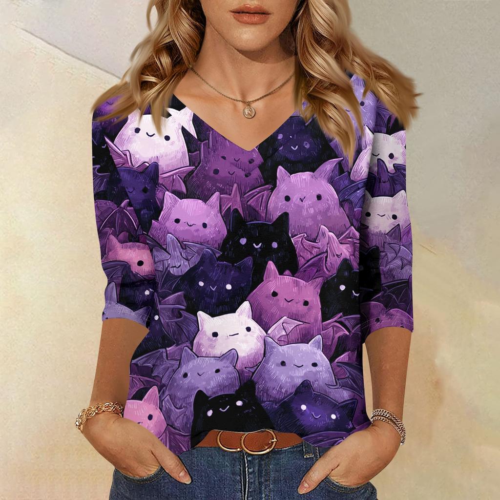 Womens Casual V Neck Three Quarter Sleeve Top Halloween Print Loose Fit Pullover Shirt Lightweight Soft Fabric