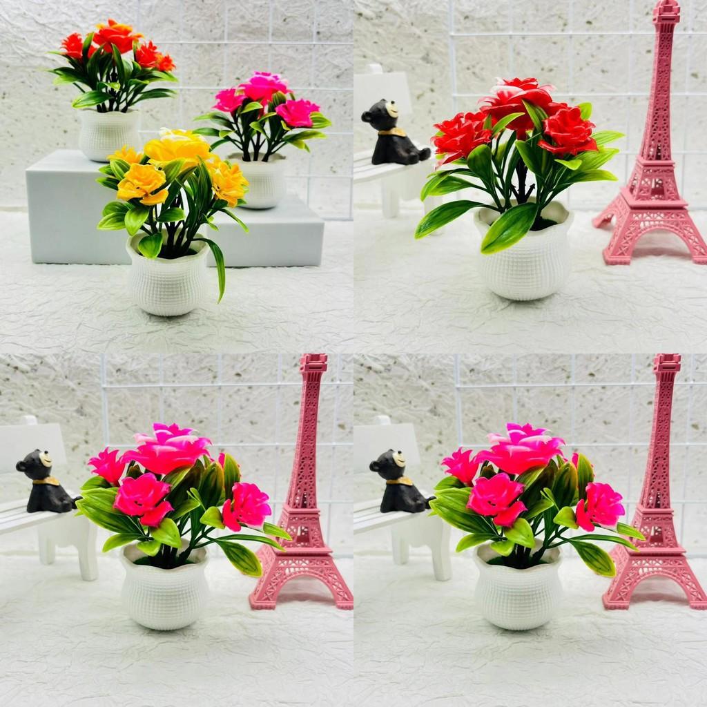 Rose Faux Potted Flower With Injection Molded Plastic For Home And Office Decoration