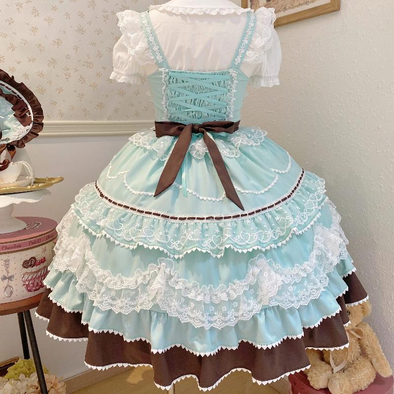 Summer Original Sweet Lolita Jsk Dress Cute Bow Lace Stitching Kawaii Girls Women Elegant Slim Suspender Dresses