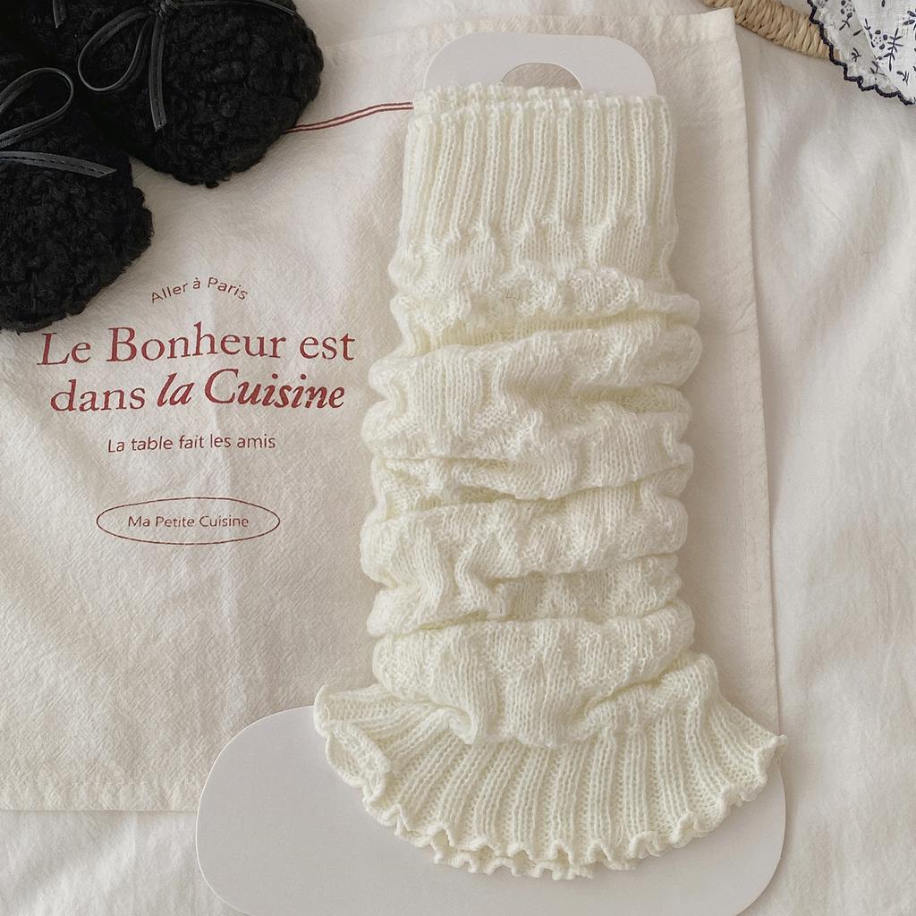 Korean Leg Warmers for Giels Flared Cuff Beige Stackable Slouchy Sleeves Frilly Calf Socks Spring Autumn 2025 Casual Style