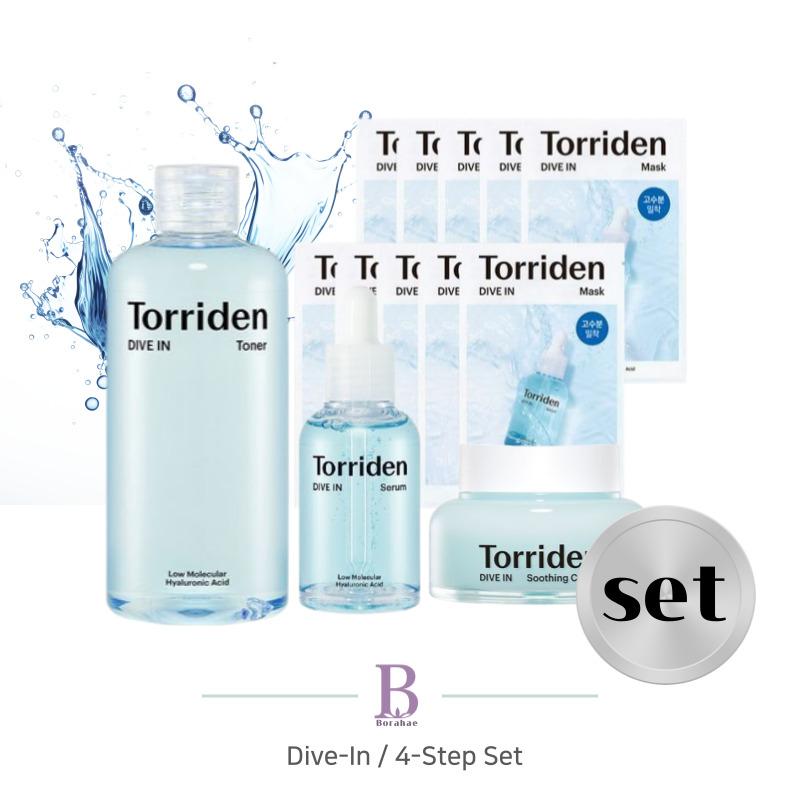 TORRIDEN Dive-In Skincare 4-Step Set (Toner 300ml + Serum 50ml + Soothing Cream 100ml + Sheet Mask 10 Sheets)