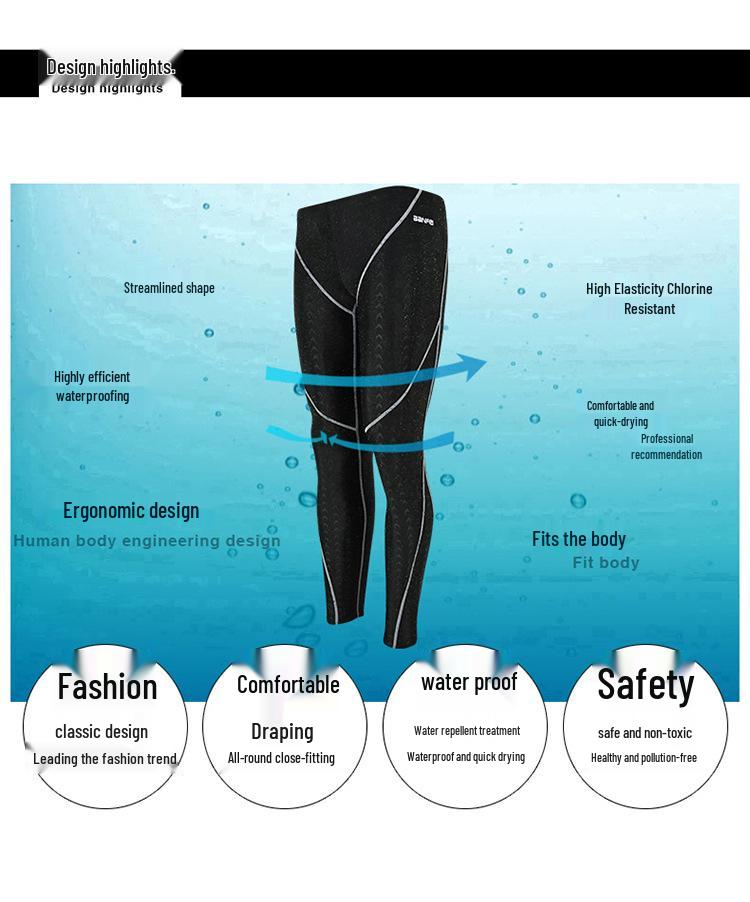 Men's Quick-Dry Water-Repellent Sharkskin Long Leg Swim Trunks for Competition, Winter Swimming, Diving, and Surfing