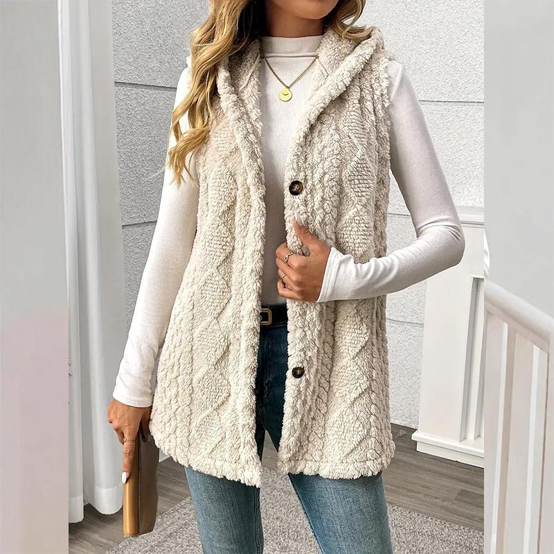 Női Kétoldalas Plüss Mellény Kapucnis Gombos Kardigán Ősz Tél Egyszínű