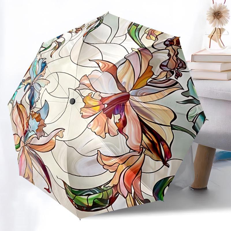

1pc Orchid Stained Glass Pattern Automatic Folding Umbrella Durable Iron Frame,All Seasons Home Travel Outdoor Multifunctional Umbrella yy251115132