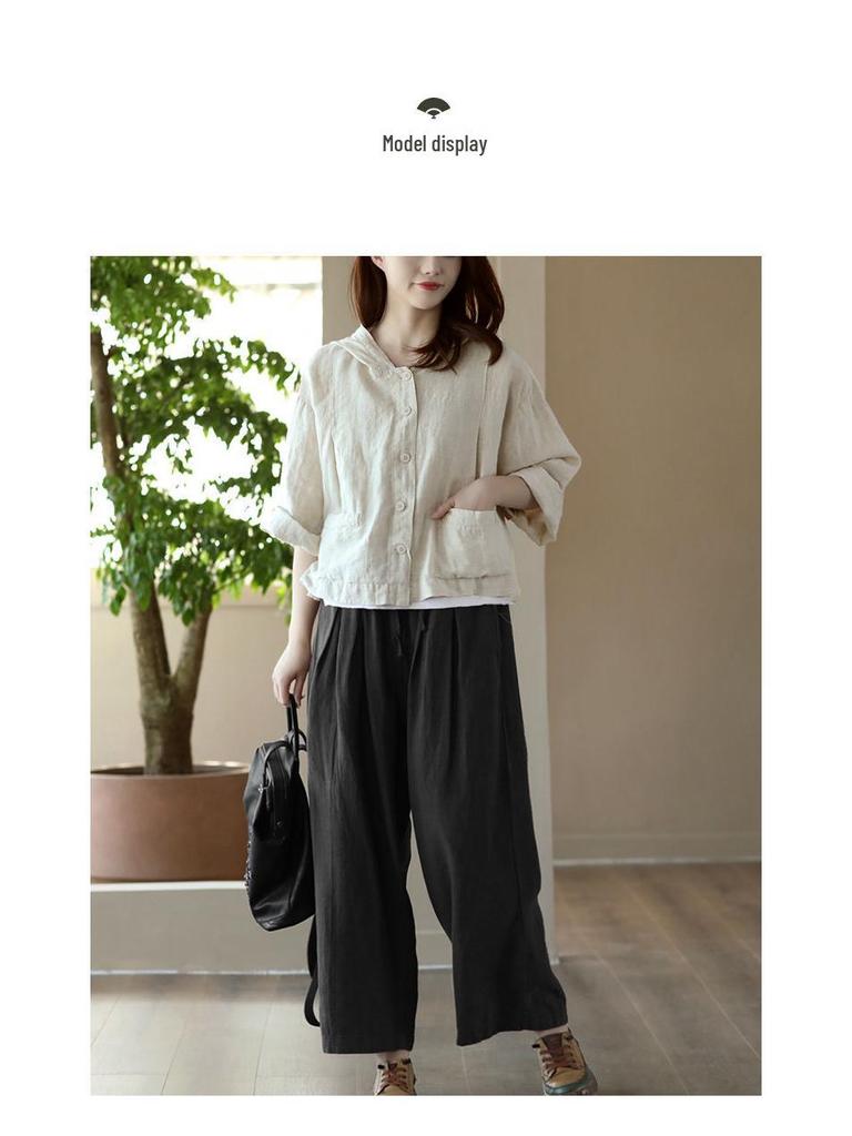 2025 Retro Women’s Cotton Linen Hooded Cardigan - Loose, Thin, Long Sleeve, Sun Protection, Short Jacket for Spring/Summer