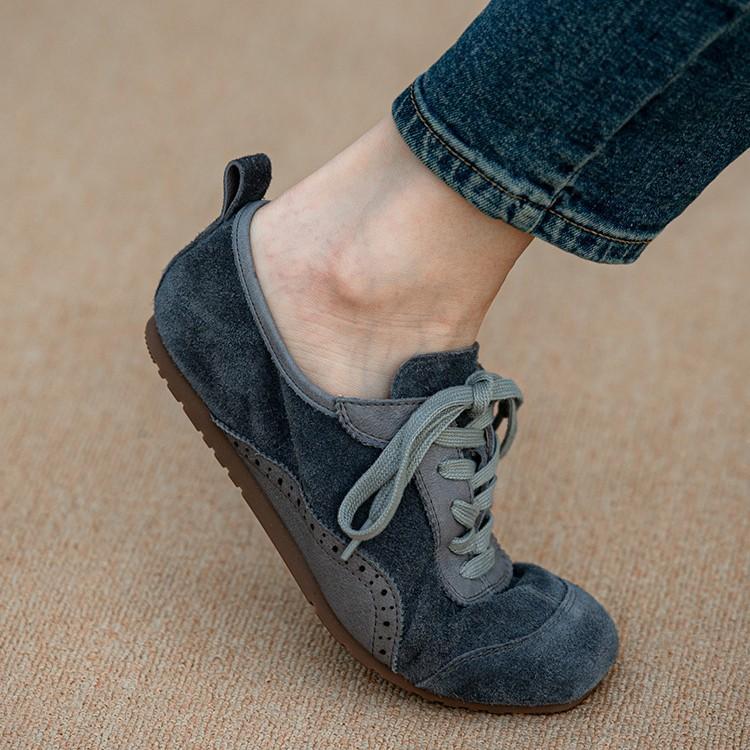 Retro Gray Matte Leather Soft-Soled Soft-Faced German Training Shoes Women'S Autumn And Winter Niche Flat-Bottomed Casual Lace-Up Single Shoes