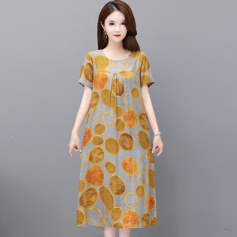 

Летнее хлопково-шелковое платье для новой мамы, Мода для женщин среднего возраста, Большого размера, Юбка в цветочном стиле для женщин среднего и пожилого возраста 5XL (recommended 80kg-87.5kg)