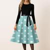 Women Vintage Polka Dot Print Long Sleeve Crew Neck Casual Dress with Ribbon Waistband and Flared A Line Skirt