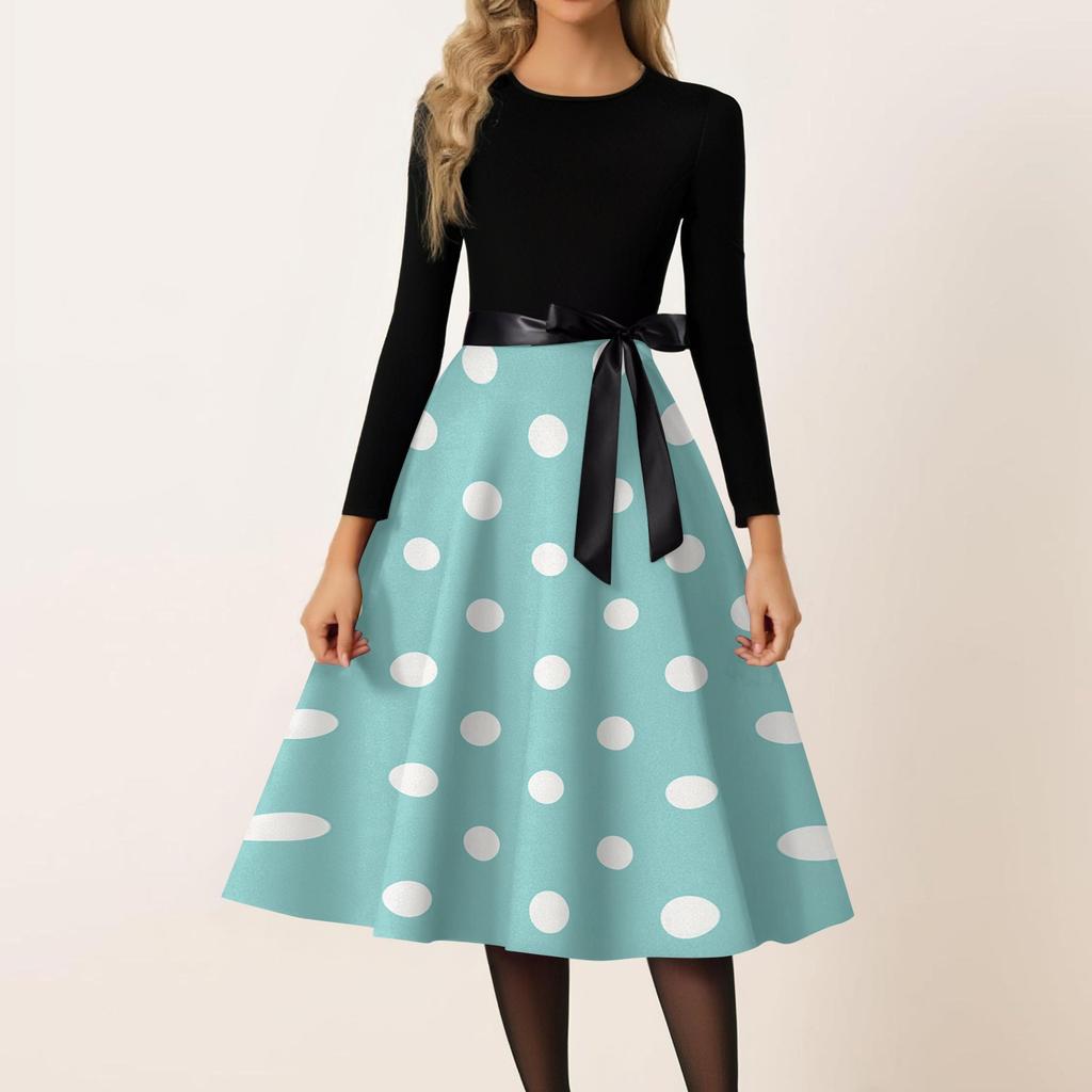 Women Vintage Polka Dot Print Long Sleeve Crew Neck Casual Dress with Ribbon Waistband and Flared A Line Skirt