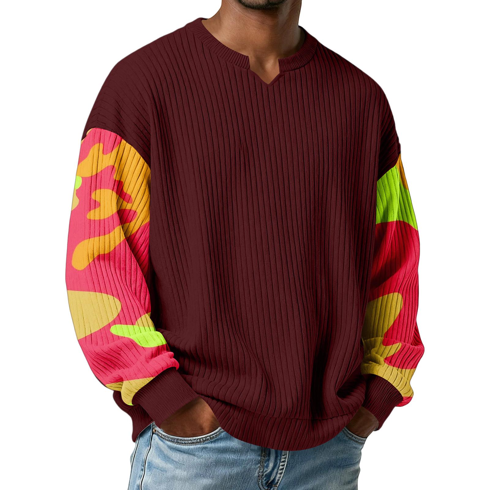 

Men s Camouflage Stylish V-Neck Ribbed Textured Long-Sleeve T-Shirt XL винний
