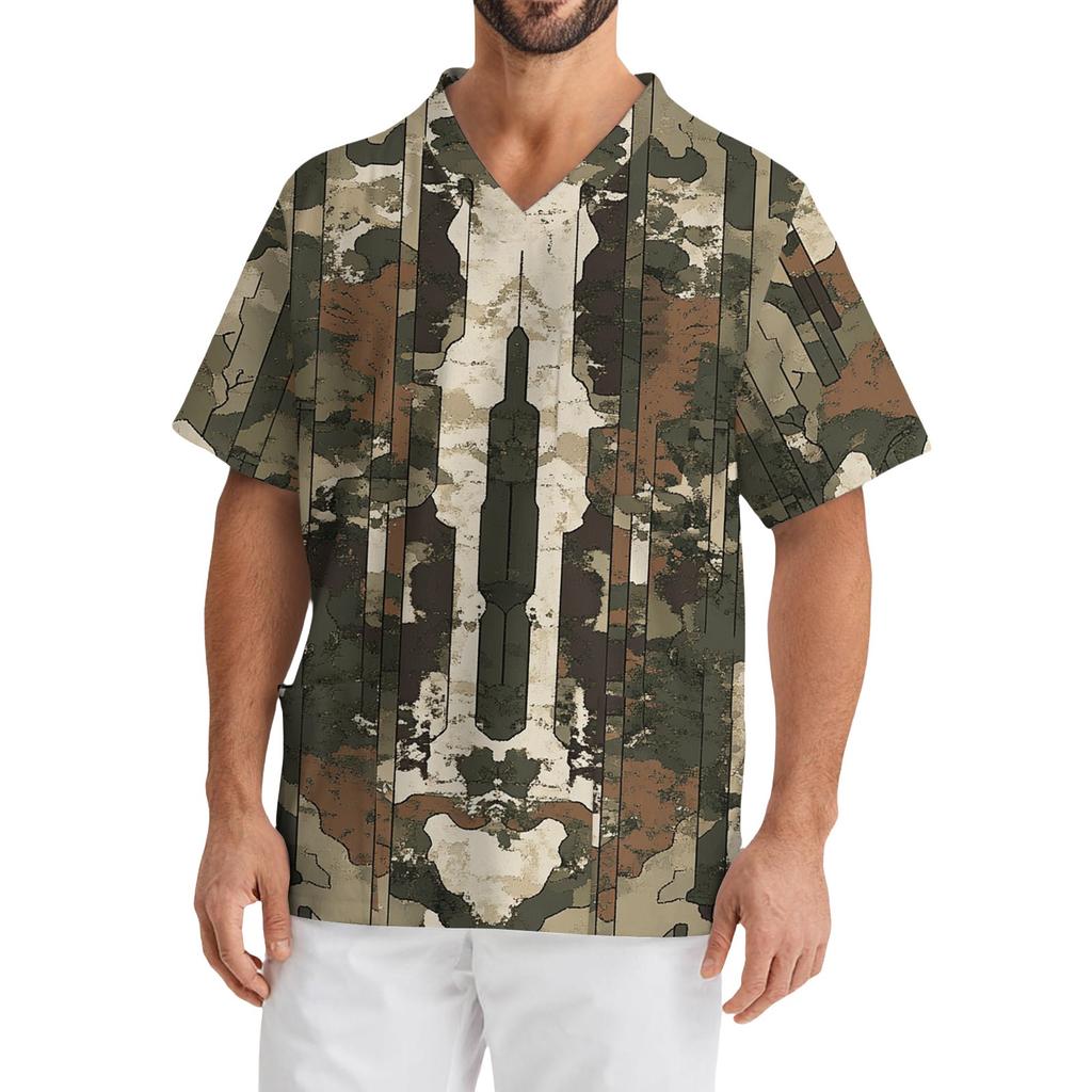 Men's Casual Short-Sleeved V-Neck Printed Front Pocket Top