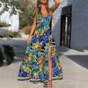 2025 Cross-Border Summer New European and American Women's Fashion Sexy Deep V-Neck Strap Dress Printed Sleeveless Slit Long Dress