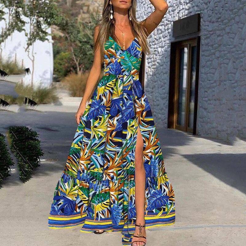2025 Cross-Border Summer New European and American Women's Fashion Sexy Deep V-Neck Strap Dress Printed Sleeveless Slit Long Dress