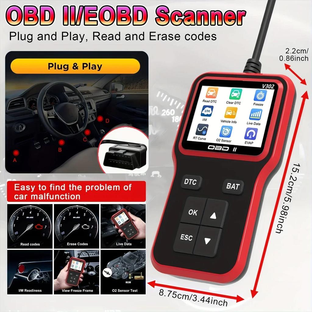 OBD2 Scanner - USB-Powered Car Engine Fault Code Reader & Diagnostic Tool for All OBD II Protocol Vehicles (Red)