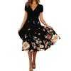 Women's Summer Casual Fashion Floral Print Short Sleeve V-Neck Swing Dress