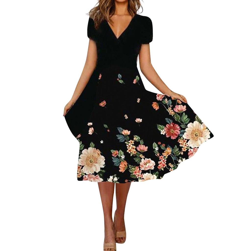 Women's Summer Casual Fashion Floral Print Short Sleeve V-Neck Swing Dress
