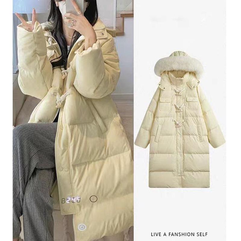 New horn buckle down cotton clothes women's medium and long fashionable loose thickened large fur collar winter coat