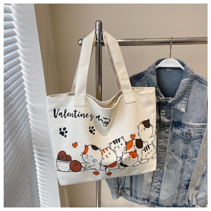 Large Capacity Cartoon Canvas Bag Girls' Student Wear Book Commuter Tote Bag Casual Simple Lightweight Shoulder Cloth Bag