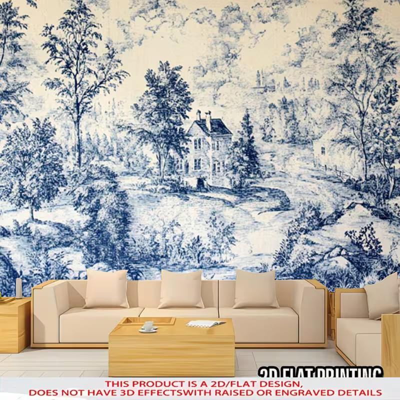Двумерный синий гобелен Toile de Jouy, Винтажное французское пейзажное настенное панно 47.2x31.5inch/120*80cm