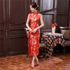 Cheongsam de vară pentru femei, guler în picioare, imprimeu floral, cu tivul despicat, fără mâneci, Qipao, slim fit, stil chinezesc retro, lungime până la jumătatea gambei, nuntă