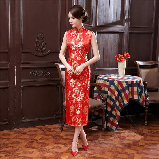 Ženy Léto Cheongsam Stojánek Límec Květinový potisk Dutý Rozdělený lem Bez rukávů Qipao Slim Fit Retro Čínský styl Délka do půli lýtek Svatba