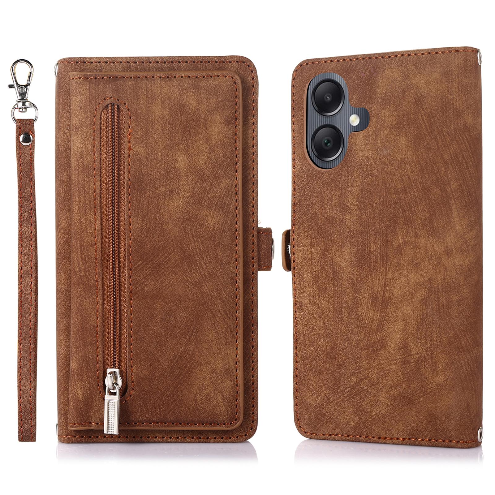 

Чехол для Samsung Galaxy A06 4G/5G с карманом на молнии, 9 слотами для карт, кожаный чехол для телефона из ПУ с ремешком на запястье Brown
