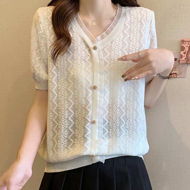 Women Sweaters Pullovers 2025 Summer Short Sleeve V-Neck White Knitted Sweater Women Tops Pullover JJ230