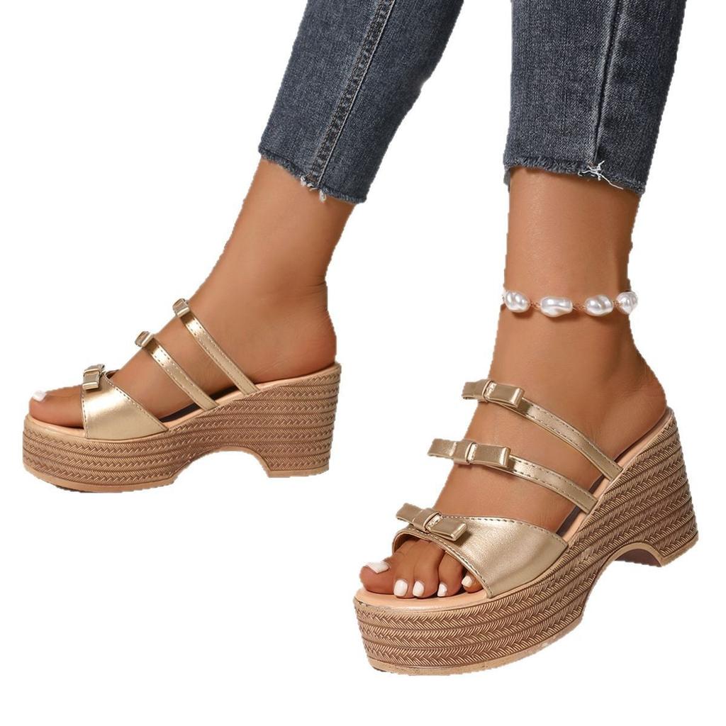 Fashion 2025 Summer Plus Size Women's Round Toe Platform Wedges Sandals Outdoor Casual Butterfly-knot Slippers for Daily Weave Slippers