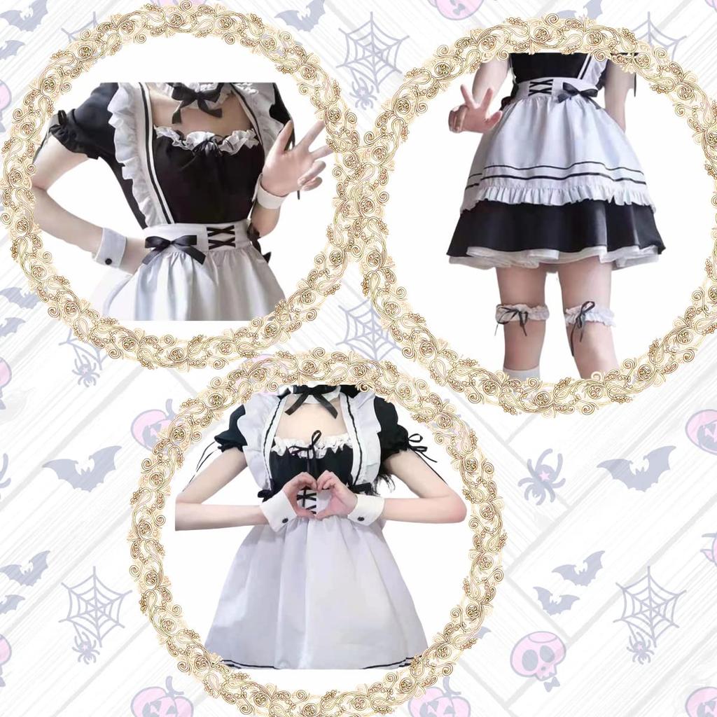 Süßes Gothic Lolita Dienstmädchen-Set für Halloween Kurz Beinhaltet Stirnband Kostüm, 6-teilig Damen, Kostüm, Kleid, Ärmel, (M)