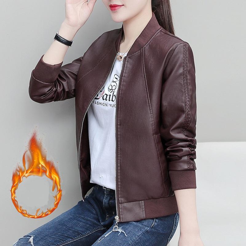 Leather Jacket, Women's Short Autumn and Winter Casual Plus Velvet Warm Jacket