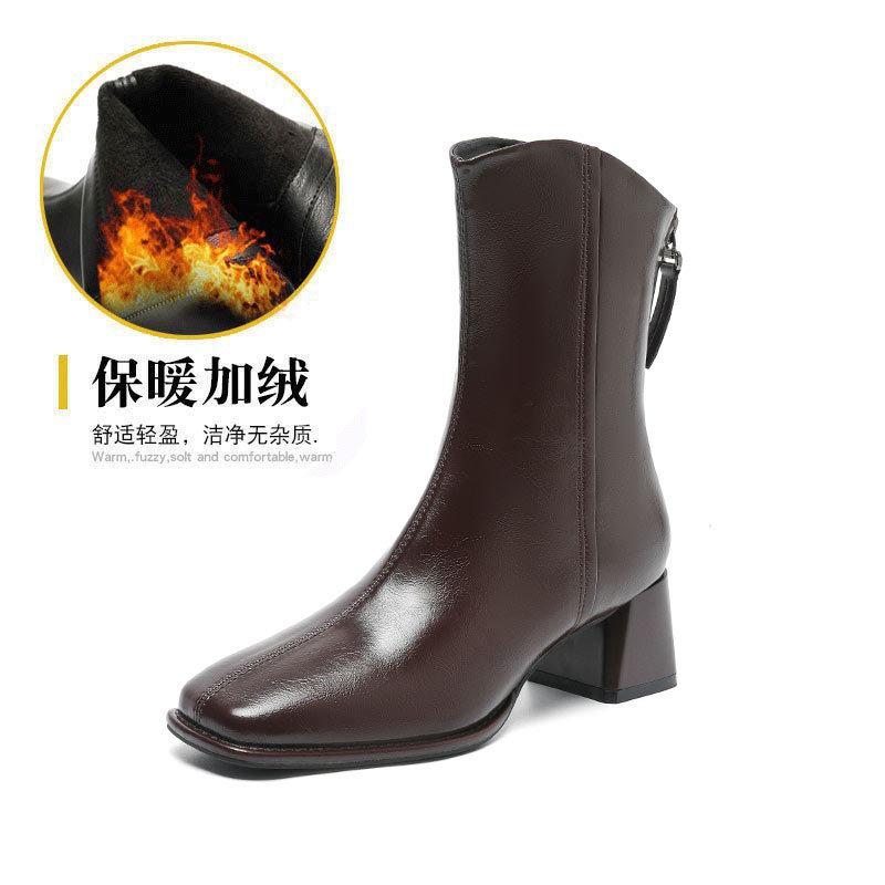 Thick heel short boots women's 2024 new medium boots diagonal brown French small short boots square head high heel thin boots