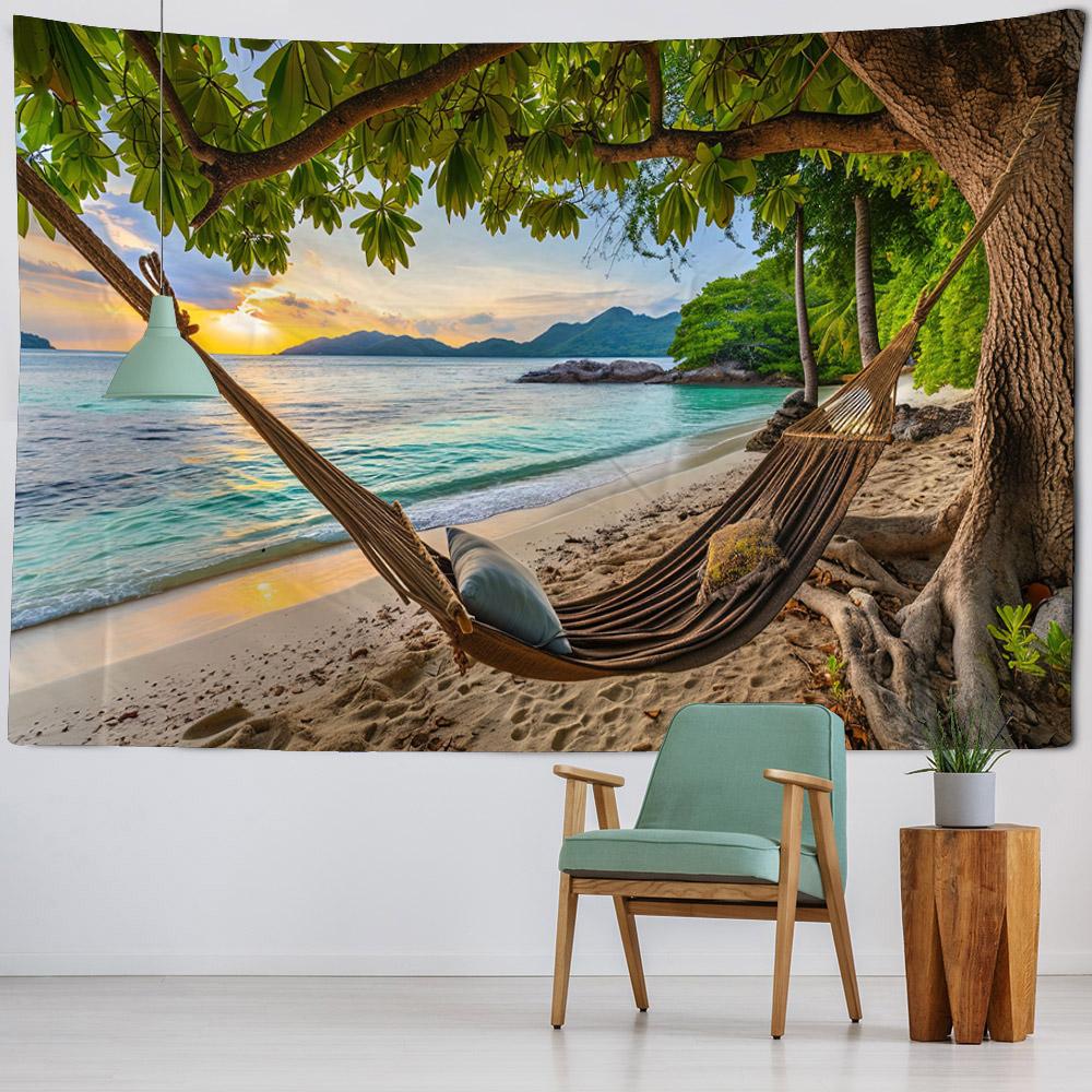 Beautiful Beach Coconut Tree Landscape Tapestry Polyester Fabric tapestry Wall Hanging Bohemian Wave Theme House Decoration