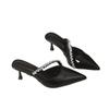 2025 Spring New Pointed Rhinestone High Heels Women's Empty Slippers Thin Heel Bag Head Black Waterproof Table Half Slippers