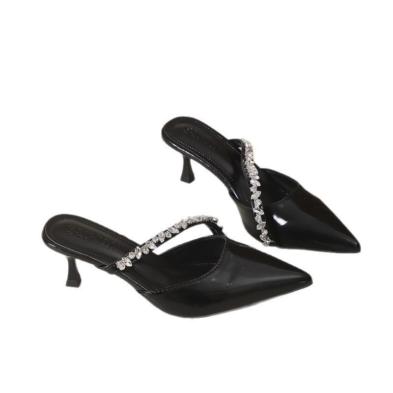 2025 Spring New Pointed Rhinestone High Heels Women's Empty Slippers Thin Heel Bag Head Black Waterproof Table Half Slippers