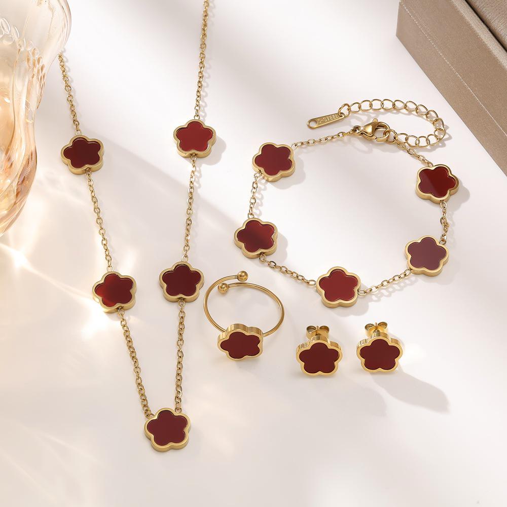 Women's Glossy Pearl Clover Jewelry Set: Bracelet, Necklace, Earrings, Ring