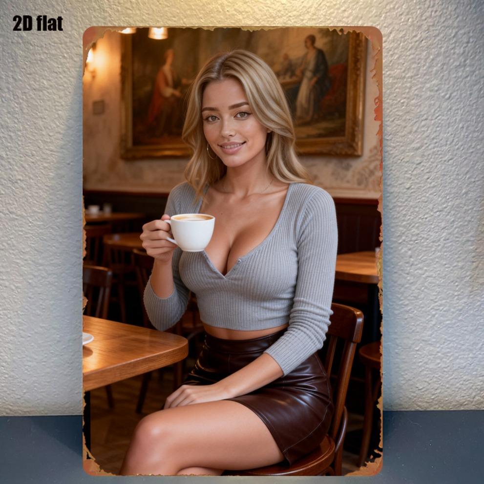 Retro Cafe Blonde Woman with Coffee Metal Tin Sign Vintage Aluminum Wall Art Decor High Definition Durable Iron Plate for Home